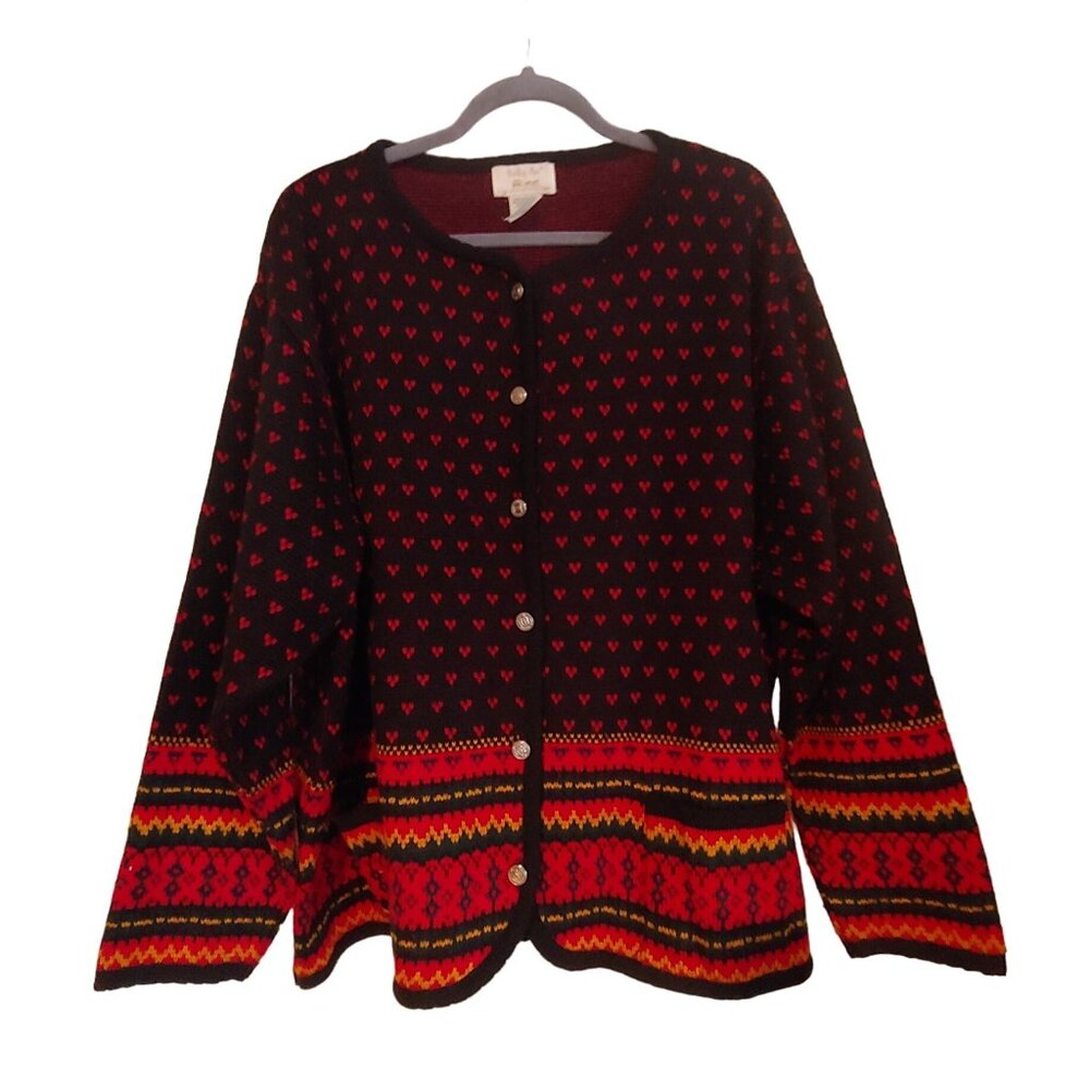 Tally Ho Sweetheart Fair Isle Black/Red/Gold LSleeve Cardigan Sweater 3x Pockets